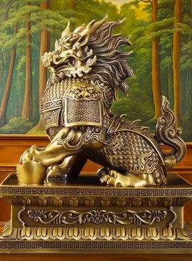 纯黄铜麒麟公母一对摆件聚财纳福麒麟客厅玄关家R居办公桌面装饰