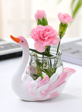 创意绿萝水培插花小摆件可爱x天鹅动物办公室书房桌面透明玻璃装