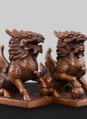 紫铜麒麟摆件一对公母招镇v客厅玄关阳台住宅办公室财大号铜麒麟