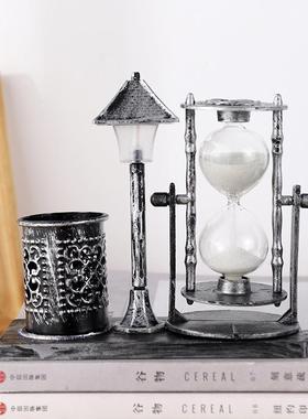 创意学生礼品仿古流砂路灯笔筒 学生礼品白色沙漏双色小夜灯摆件