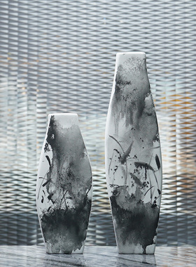 新中式水墨陶瓷花瓶摆件客厅台面插花花H器售楼处酒店软装饰品摆