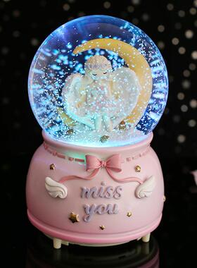 少女梦幻水晶球天使的翅膀音乐盒月亮飘雪雪花转动八音盒树脂摆件