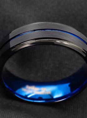 不锈钢黑色磨砂戒指开槽内u蓝男士时尚指环潮男单身戒个性食指戒