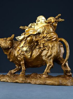 黄铜弥勒佛摆件牛上福布袋佛家居饰品工艺品客厅办公室摆放铜雕像