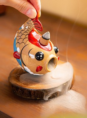 年年有鱼摆件情绪解压陶瓷不倒翁桌G面倒流香炉创意锦鲤生日礼物