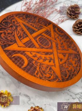 实木五芒星三相月摆件 道具 蜡烛烛盘 刻花木盘摆件 居家装饰