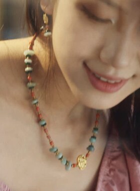 屿棠国风海竹加玉天然老矿翡翠镀金蝙H蝠设计师项链中式复古禅意