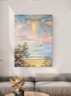 手绘油画现代日出海边风景客厅玄关装饰画轻奢酒店民宿别墅玄关画