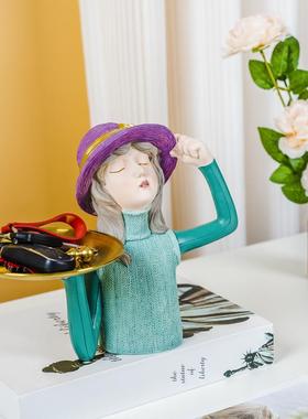 创意女孩托盘桌面摆件玄关钥匙收纳家居客厅装饰礼品树脂工艺品