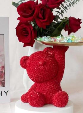 创意家居摆件玫瑰熊托盘卧室客厅酒柜装饰小熊收纳盘摆件新年果盘