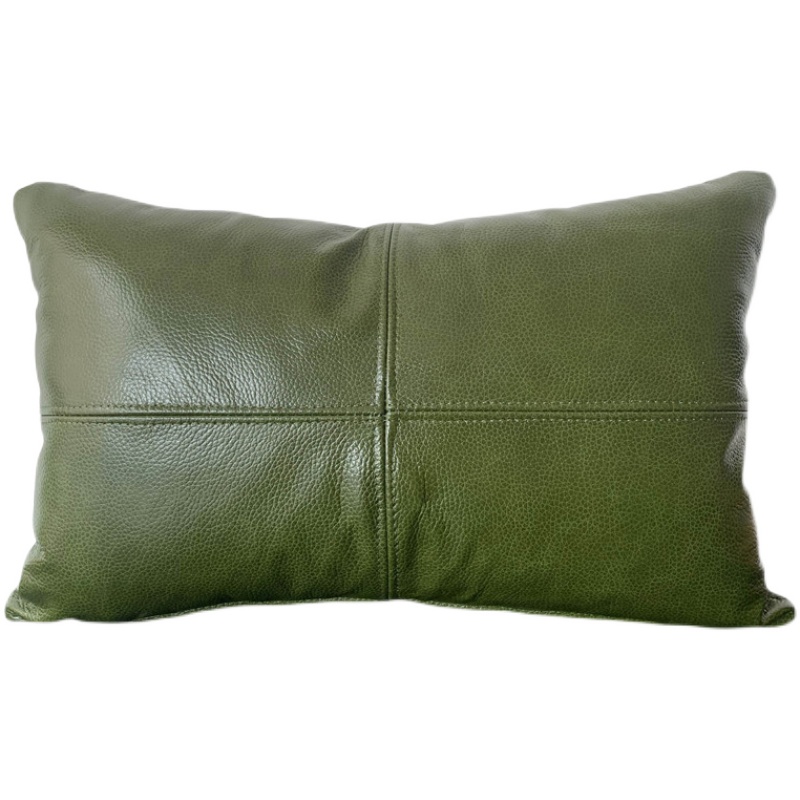 高级绿色沙发抱枕靠垫真皮腰枕靠背枕客厅现代简约V头层牛皮可定 - 图3