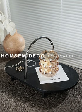 现代简约金d属提手木质托盘样板间软装饰品客厅玄关置物盘收纳摆