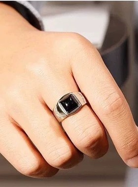 活口简约宝石银时尚戒指银黑戒指男玛G瑙霸气戒指不掉色925男士