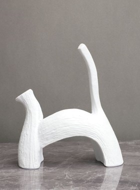 新中式创c意白色树脂条纹艺术猫样板房家居书房客厅桌面玄关饰品