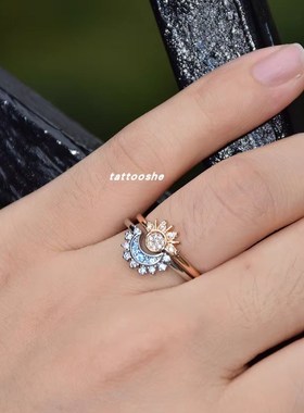 潘家新款日月f同辉可叠戴组合双色戒指IU满钻情侣对戒个性闪耀套