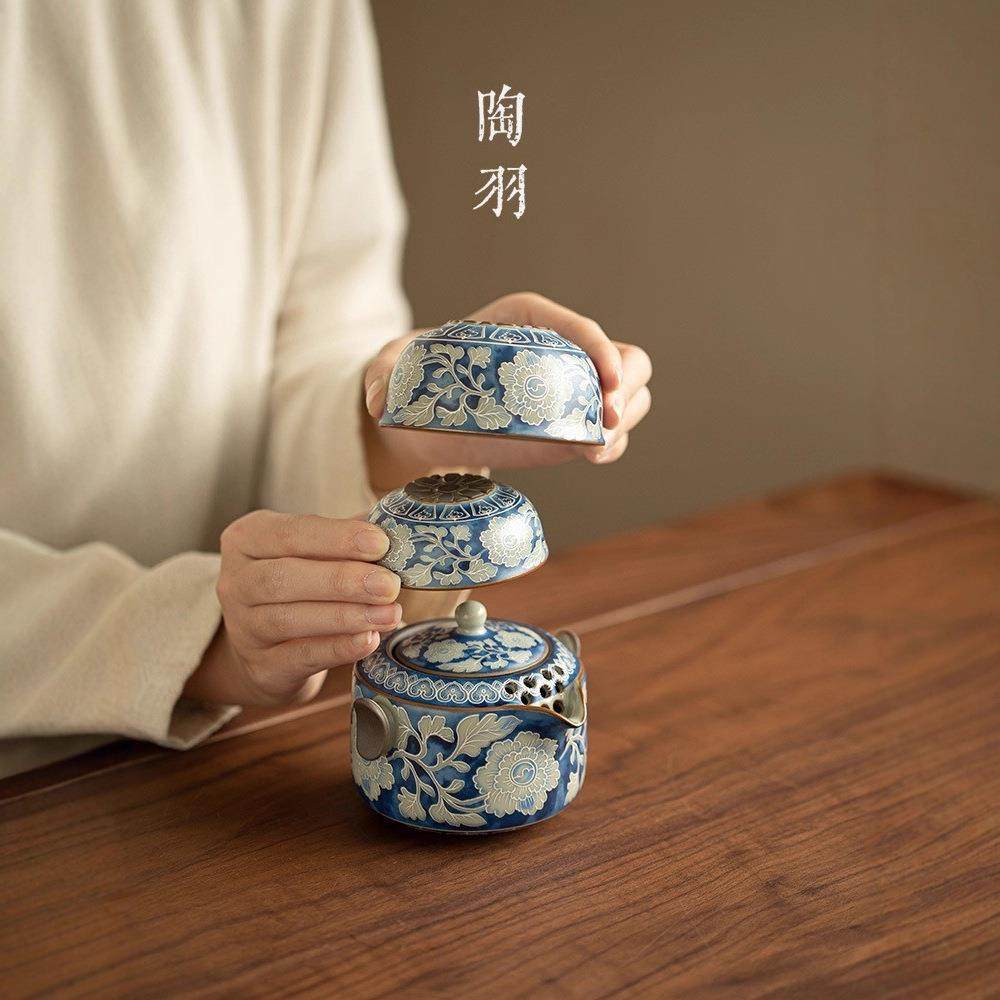 仿宋汝窑元青花双耳壶快客旅行茶具户外便携式一壶两杯陶瓷手抓壶,淘宝优惠券,粉丝福利购,淘宝优惠卷