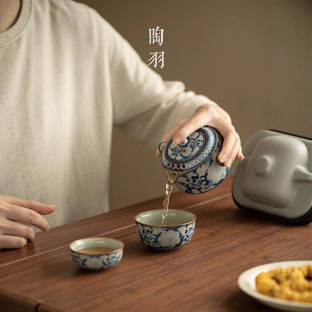 仿宋汝窑元青花双耳壶快客旅行茶具户外便携式一壶两杯陶瓷手抓壶,淘宝优惠券,粉丝福利购,淘宝优惠卷
