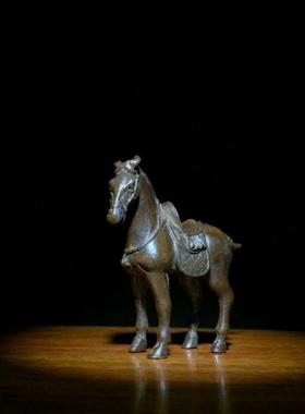 古玩铜器收藏仿古实心铜小唐马摆件骏马带马鞍马驹小铜马把件唐马