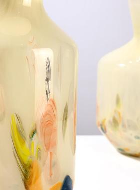 高级彩色琉璃中古芬顿奶黄色创意玻璃花瓶客厅茶几家居插花装饰