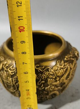 古玩铜器收藏黄铜浮雕双龙戏珠铜缸包浆润泽家居茶道工艺摆件