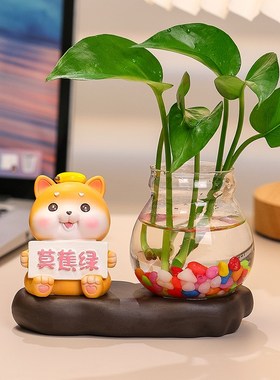 可爱熊猫玻璃透明j花瓶小摆件办公室工位桌面水培花艺小绿植插花