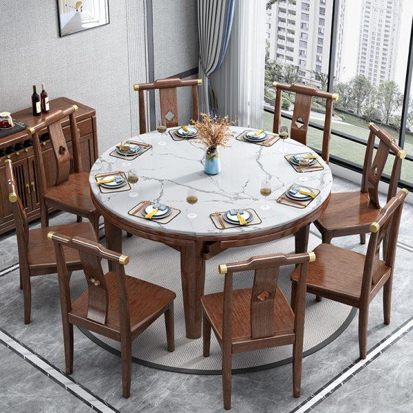 岩板折叠餐桌新中式实木伸缩餐桌椅组合胡桃木小户型家用圆桌饭桌,淘宝优惠券,粉丝福利购,淘宝优惠卷