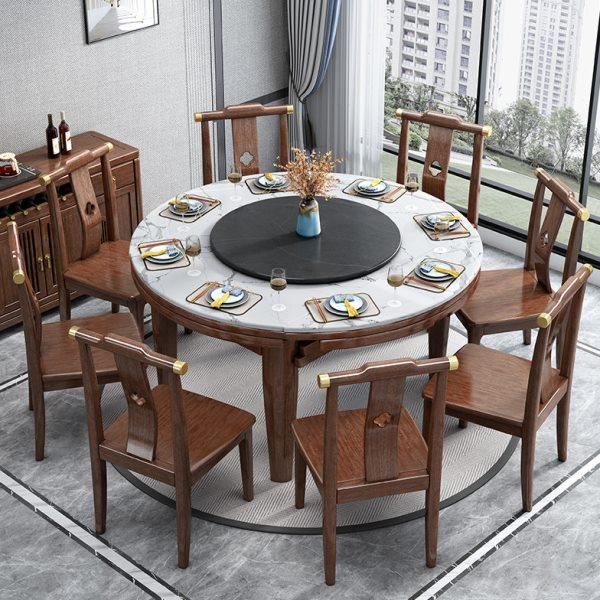 岩板折叠餐桌新中式实木伸缩餐桌椅组合胡桃木小户型家用圆桌饭桌,淘宝优惠券,粉丝福利购,淘宝优惠卷