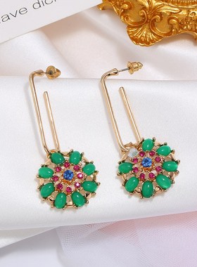 韩国个性百搭绿色森系超仙水钻吊坠长款耳环时尚气质百搭圆形耳环