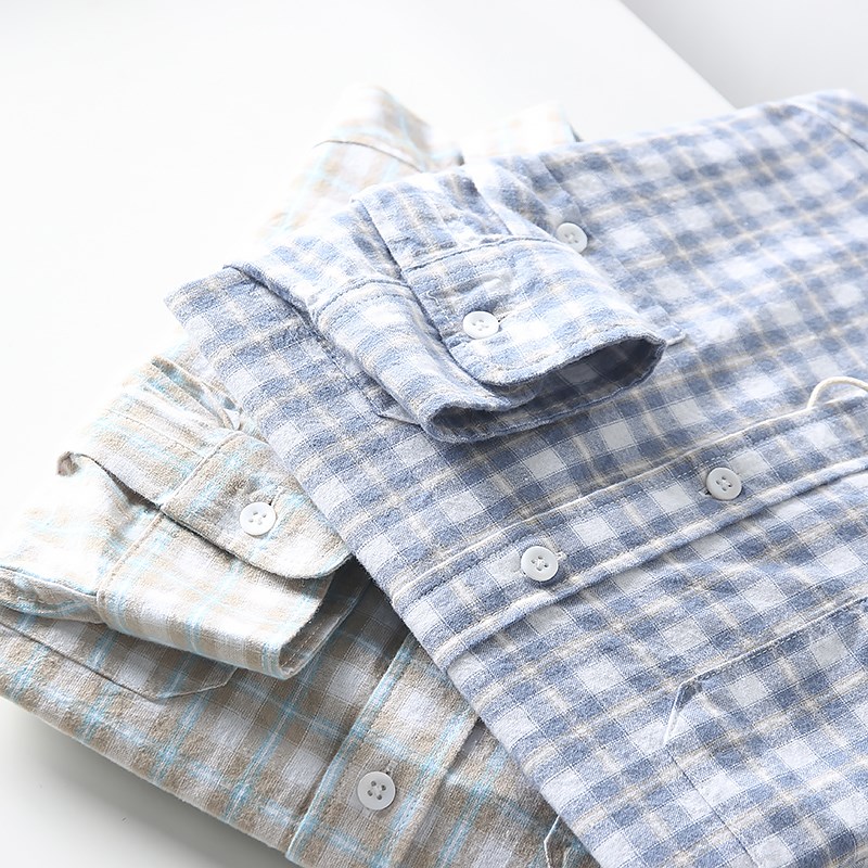 经典日系格纹!淡淡复古气息!外贸男装春夏季时尚休闲长袖衬衫潮 - 图0