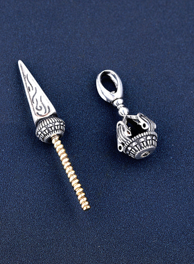 S925银吊坠空托金刚杵t镶嵌绿松石南红蜜蜡桶珠圆珠降魔杵项坠银