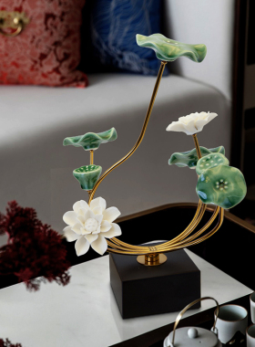 荷花摆件家居饰品客厅酒柜v新中式高端茶室禅意陶瓷装饰品轻奢莲