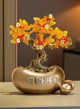 发财树摆件新中式客厅电视柜x办公室桌面摇钱树鹿装饰乔迁开业礼