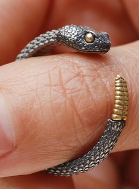 吾蟲原创响尾蛇h开口戒指吊坠925银暗黑个性复古男女情侣首饰可调