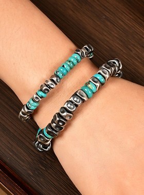 破银覆古堆叠8毫米手工打r银盘包裹925银高级绿松石手炼嘻哈男子