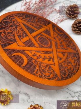 实木五芒星三相月摆件 道具 蜡烛烛盘 刻花木盘摆件 居家装饰