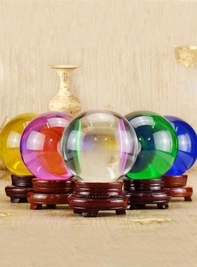 黄水晶球摆件g红紫蓝粉透明玻璃圆球可旋转家居客厅办公室开业装