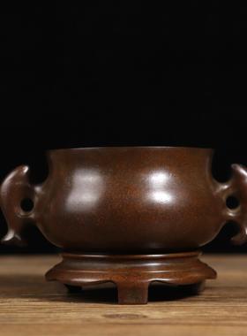 苏工做旧铜香炉底座仿古双鱼耳禅意荷花熏香炉家用大明宣德炉摆件