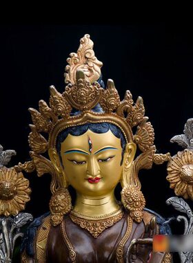 白度母铜像 家用手工尼泊尔西藏15寸紫铜鎏金鎏银雕花居家摆件