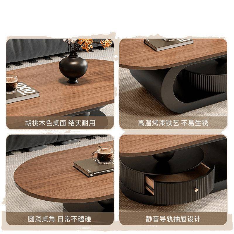 极简实木椭圆茶几现代简约客厅家用小户型古风轻奢高级组合带抽屉 - 图3