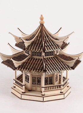 新中式复古八角楼亭子建筑样板房桌面木质摆件P售楼处书房柜装饰