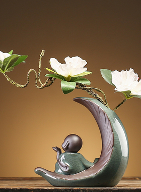 新中式创意花瓶陶瓷家居书房书桌博古架装饰品Q工艺品禅意盆景摆