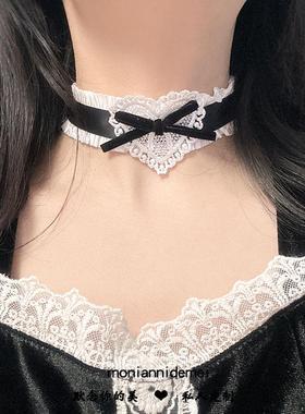 黑白Lolita少女爱心蝴蝶结项链