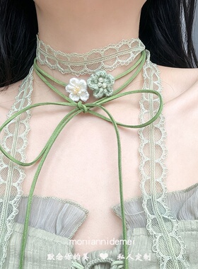 少女气质绿色蕾丝双层花朵项链
