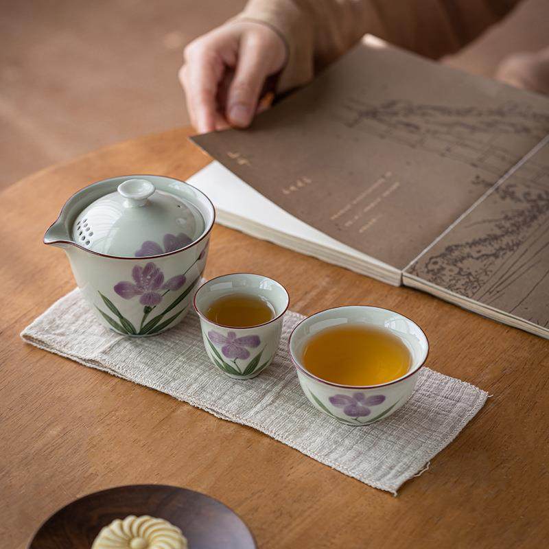 仿古陶瓷手绘鸢尾花功夫旅行茶具套装便携式户外小套茶具,淘宝优惠券,粉丝福利购,淘宝优惠卷
