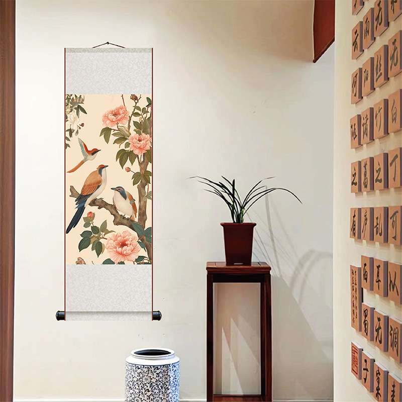 新中式花鸟图丝绸挂画客厅书房卷轴装饰画墨韵庭院花鸟卷轴 - 图1