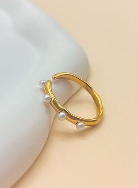 eManco韩版钛钢珍珠戒指小众轻奢高级感镀金不掉色开口可调节指环