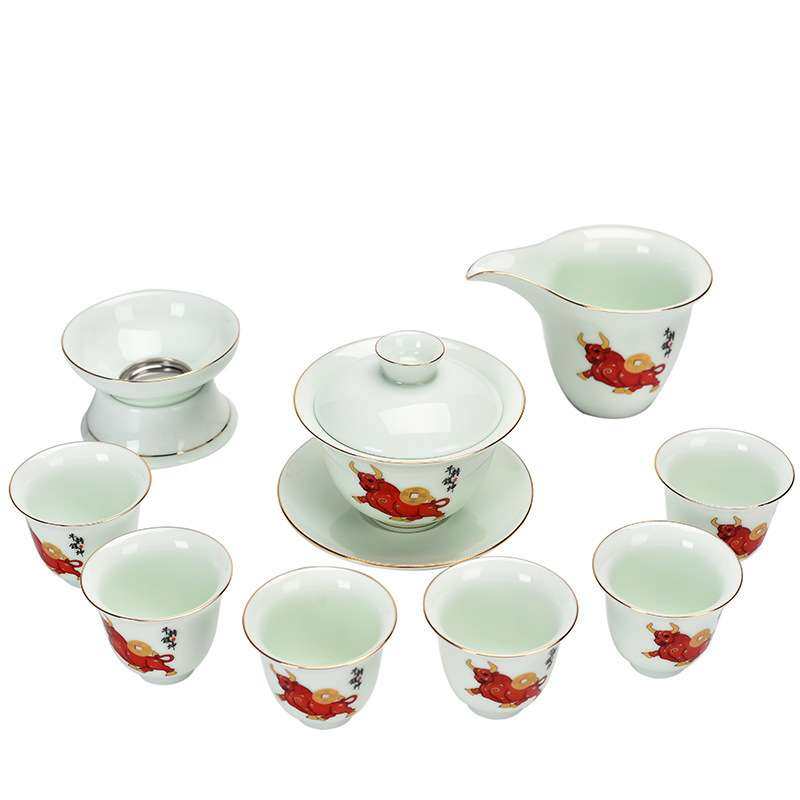 羊脂玉影青茶具套装陶瓷简约办公家用薄胎功夫盖碗茶壶茶杯商务礼,淘宝优惠券,粉丝福利购,淘宝优惠卷