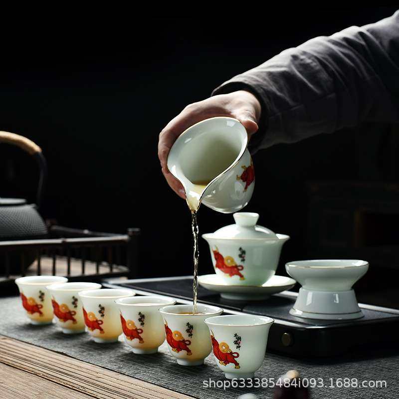 羊脂玉影青茶具套装陶瓷简约办公家用薄胎功夫盖碗茶壶茶杯商务礼,淘宝优惠券,粉丝福利购,淘宝优惠卷