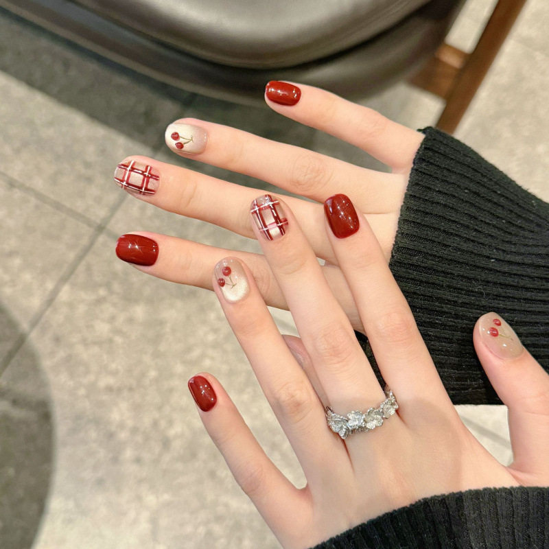 指尖美学【红了樱桃】纯手工红色棋盘猫眼美甲贴片高颜值穿戴甲,淘宝优惠券,粉丝福利购,淘宝优惠卷