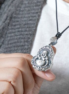 弥勒佛笑佛纯银吊坠复古大肚佛银项链999足银佛像挂件男女毛衣链